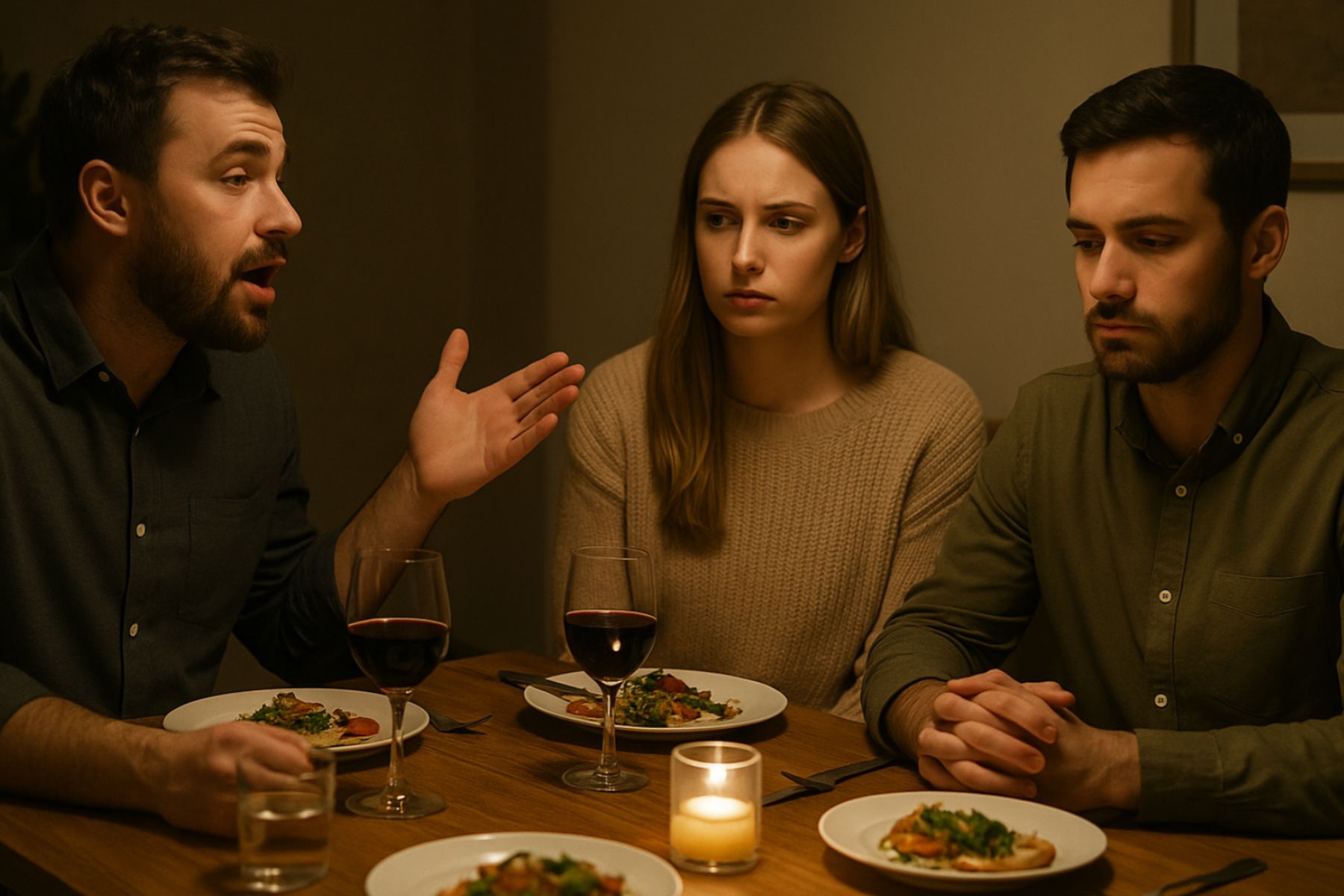 A couple sitting at a dinner table looking uncomfortable as a friend dominates the conversation.