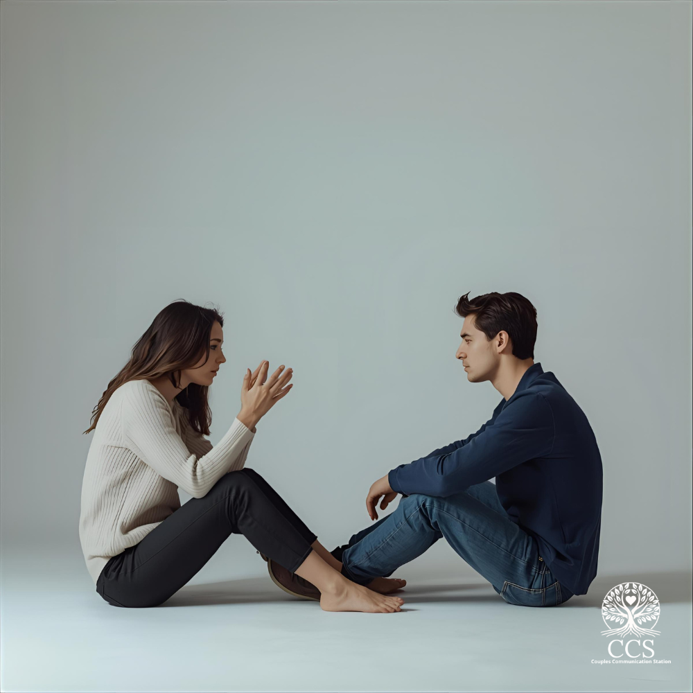 A couple sits facing each other on the floor in a quiet, serious conversation. The woman gestures as she speaks, while the man listens with a guarded expression — reflecting emotional distance and the struggle for vulnerability in relationships.