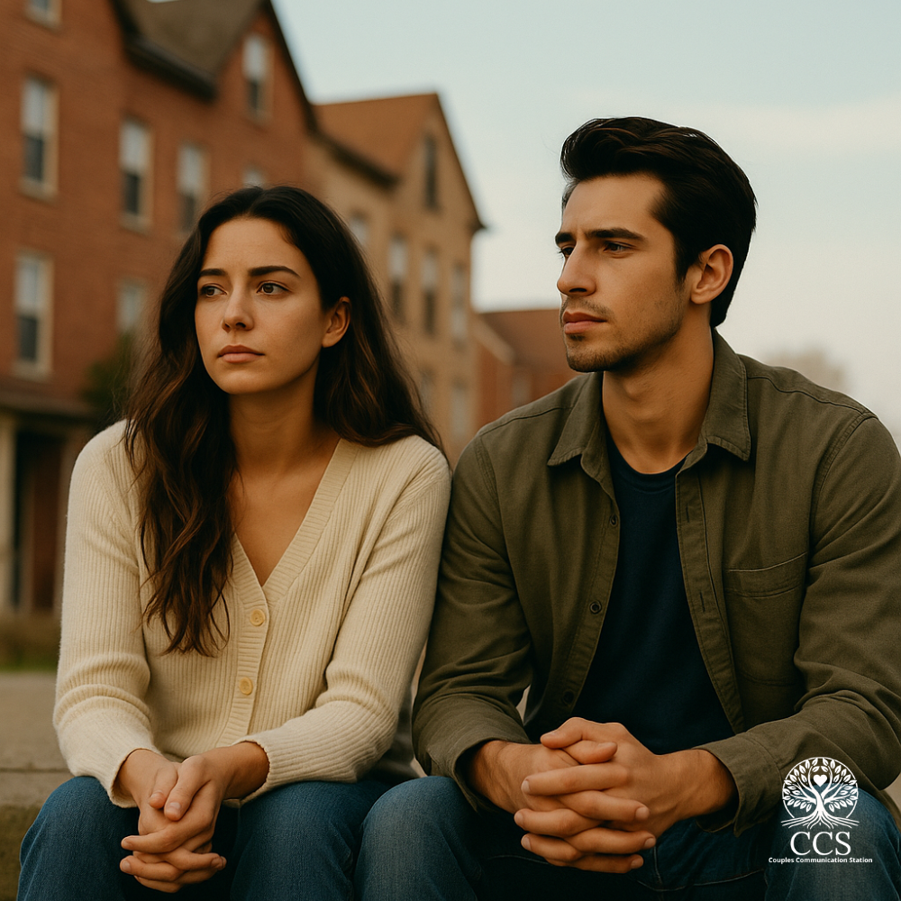 A young couple sits together on a couch in a softly lit, warm-toned room. They are engaged in a heartfelt conversation, conveying vulnerability and understanding. The scene captures an intimate, reflective mood that aligns with themes of healing, emotional connection, and overcoming the stigma of “broken homes.”